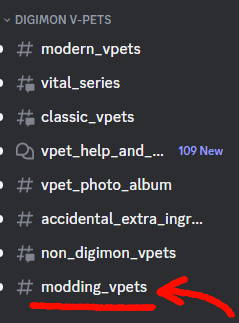 Screenshot of Digitama Hatchery Discord with a big red arrow pointing at the #modding_vpets channel.