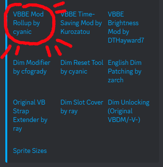 A screenshot of the first pinned message in the #modding_vpets channel, with a bright red circle around the link to Cyanic's Rollup Mod post.
