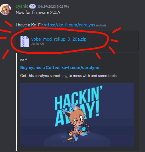 Screenshot of a post by Cyanic that has the updated version of the mod. The link to the zip is circled in red and underneath it is a link to Cyanic's Ko-Fi.