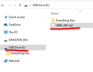 The opened folder of the Micro SD card that will be used. The name of the folder in the location bar and the VBBE_99F.vb2 file in the folder are underlined in red.