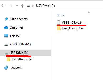 The opened folder of the Micro SD card that will be used. The name of the folder in the location bar and the VBBE_10B.vb2 file in the folder are underlined in red.