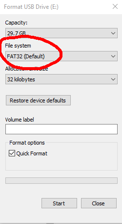 The format menu of the USB Drive E. The File System drop down is circled and shows FAT32 selected.